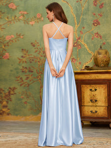 Color=Ice blue | Stylish Halter Neck High Low Wholesale Bridesmaid Dress-Ice blue 2