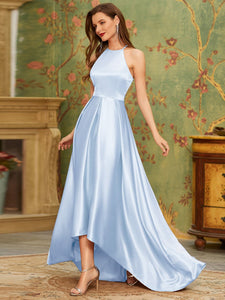 Color=Ice blue | Stylish Halter Neck High Low Wholesale Bridesmaid Dress-Ice blue 3