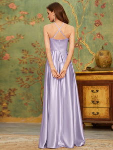 Color=Lavender | Stylish Halter Neck High Low Wholesale Bridesmaid Dress-Lavender 2