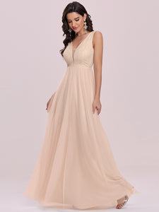 Color=Blush | Fashion Deep V Neck Wholesale Tulle Prom Dress For Women-Blush 2