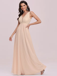 Color=Blush | Fashion Deep V Neck Wholesale Tulle Prom Dress For Women-Blush 3