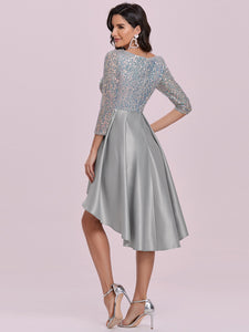 Color=Grey | Square Neckline Sequin Bodice Long Sleeve Wholesale Cocktail Dress Eo00276-Grey 2