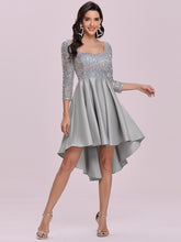 Load image into Gallery viewer, Color=Grey | Square Neckline Sequin Bodice Long Sleeve Wholesale Cocktail Dress Eo00276-Grey 4