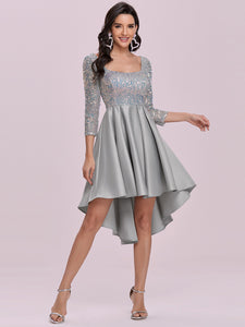 Color=Grey | Square Neckline Sequin Bodice Long Sleeve Wholesale Cocktail Dress Eo00276-Grey 4