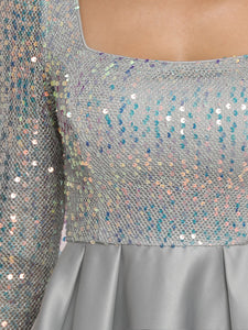 Color=Grey | Square Neckline Sequin Bodice Long Sleeve Wholesale Cocktail Dress Eo00276-Grey 5