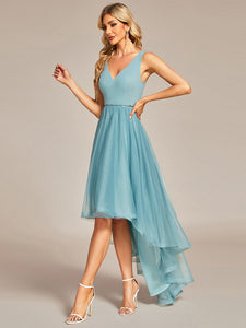 Color=Dusty blue | Pretty High Low V Neck Tulle Wholesale Prom Dresses-Dusty blue 4