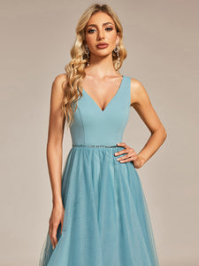 Color=Dusty blue | Pretty High Low V Neck Tulle Wholesale Prom Dresses-Dusty blue 5