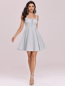 Color=Grey | Fancy Wholesale Square Neck Above Knee Prom Dress-Grey 2