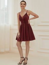 Load image into Gallery viewer, Color=Burgundy | Shiny Spaghetti Strap Short A Line Prom Dress-Burgundy 3
