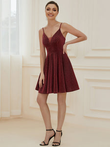 Color=Burgundy | Shiny Spaghetti Strap Short A Line Prom Dress-Burgundy 3