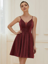 Load image into Gallery viewer, Color=Burgundy | Shiny Spaghetti Strap Short A Line Prom Dress-Burgundy 4