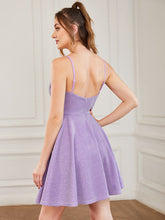 Load image into Gallery viewer, Color=Lavender | Shiny Spaghetti Strap Short A Line Prom Dress-Lavender 2