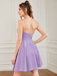 Color=Lavender | Shiny Spaghetti Strap Short A Line Prom Dress-Lavender 2