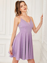 Load image into Gallery viewer, Color=Lavender | Shiny Spaghetti Strap Short A Line Prom Dress-Lavender 3