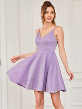 Load image into Gallery viewer, Color=Lavender | Shiny Spaghetti Strap Short A Line Prom Dress-Lavender 1