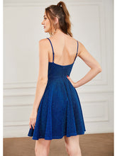 Load image into Gallery viewer, Color=Sapphire Blue | Shiny Spaghetti Strap Short A Line Prom Dress-Sapphire Blue 2