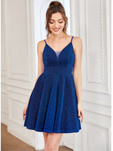 Load image into Gallery viewer, Color=Sapphire Blue | Shiny Spaghetti Strap Short A Line Prom Dress-Sapphire Blue 4