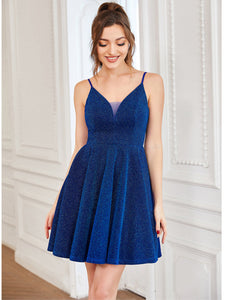 Color=Sapphire Blue | Shiny Spaghetti Strap Short A Line Prom Dress-Sapphire Blue 4