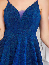 Load image into Gallery viewer, Color=Sapphire Blue | Shiny Spaghetti Strap Short A Line Prom Dress-Sapphire Blue 5