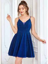 Load image into Gallery viewer, Color=Sapphire Blue | Shiny Spaghetti Strap Short A Line Prom Dress-Sapphire Blue 1