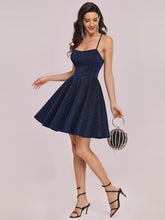 Load image into Gallery viewer, Color=Navy Blue | Shimmery Wholesale Above Knee Open Back Prom Dress -Navy Blue 4