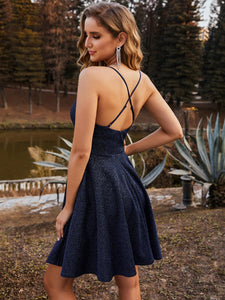 Color=Navy Blue | Shimmery Wholesale Above Knee Open Back Prom Dress -Navy Blue 3