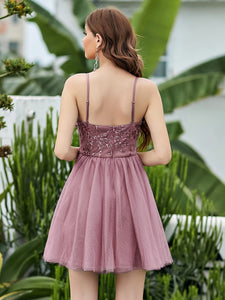 Color=Orchid | Women'S Sexy Wholesale Sweetheart Sequin Short Tulle Prom Dress-Orchid 2