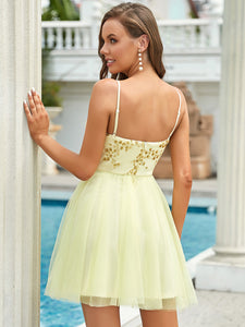 Color=Yellow | Women'S Sexy Wholesale Sweetheart Sequin Short Tulle Prom Dress-Yellow 2