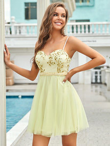 Color=Yellow | Women'S Sexy Wholesale Sweetheart Sequin Short Tulle Prom Dress-Yellow 4