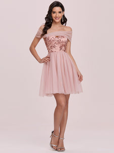 Color=Pink | Wholesale Off Shoulder Short Tulle & Sequin Prom Dress-Pink 3