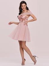 Load image into Gallery viewer, Color=Pink | Wholesale Off Shoulder Short Tulle &amp; Sequin Prom Dress-Pink 1