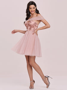 Color=Pink | Wholesale Off Shoulder Short Tulle & Sequin Prom Dress-Pink 1