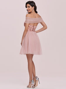 Color=Pink | Wholesale Off Shoulder Short Tulle & Sequin Prom Dress-Pink 4