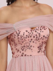 Color=Pink | Wholesale Off Shoulder Short Tulle & Sequin Prom Dress-Pink 5