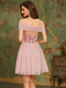 Wholesale Off Shoulder Short Tulle & Sequin Prom Dress EO03131