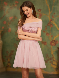Wholesale Off Shoulder Short Tulle & Sequin Prom Dress EO03131