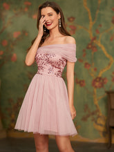 Load image into Gallery viewer, Wholesale Off Shoulder Short Tulle &amp; Sequin Prom Dress EO03131