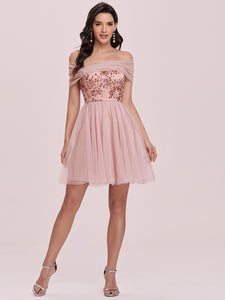 Color=Pink | Wholesale Off Shoulder Short Tulle & Sequin Prom Dress-Pink 2