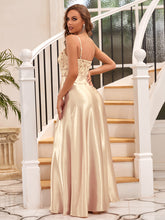 Load image into Gallery viewer, Color=Gold | A Line Spaghetti Straps Floor Length Wholesale Prom Dresses-Gold 2
