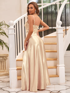 Color=Gold | A Line Spaghetti Straps Floor Length Wholesale Prom Dresses-Gold 2