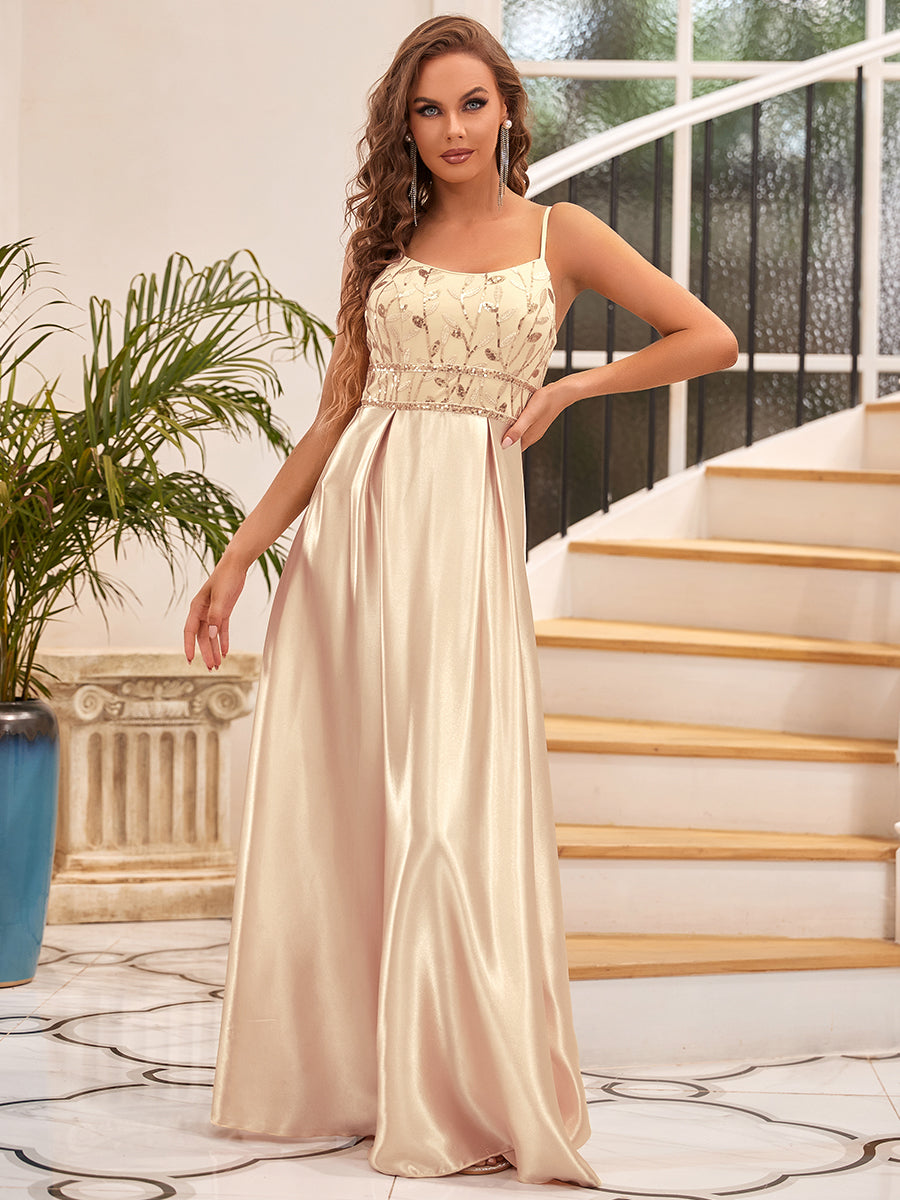 Color=Gold | A Line Spaghetti Straps Floor Length Wholesale Prom Dresses-Gold 1