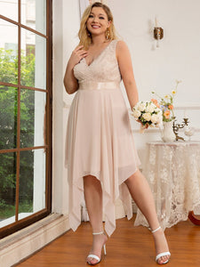 Color=Blush | Plus Size Deep V Neck Asymmetrical Hem Sleeveless Wholesale Dresses-Blush 1