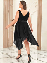 Load image into Gallery viewer, Color=Black | Plus Size Deep V Neck Asymmetrical Hem Sleeveless Wholesale Dresses-Black 2