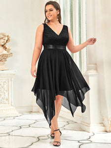 Color=Black | Plus Size Deep V Neck Asymmetrical Hem Sleeveless Wholesale Dresses-Black 3
