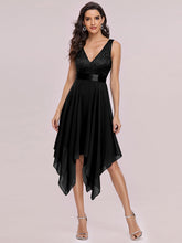 Load image into Gallery viewer, Color=Black | Deep V Neck Asymmetrical Hem Sleeveless Wholesale Dresses-Black 1