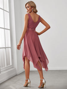 Color=Cameo Brown | Deep V Neck Asymmetrical Hem Sleeveless Wholesale Dresses-Cameo Brown 2