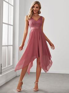 Color=Cameo Brown | Deep V Neck Asymmetrical Hem Sleeveless Wholesale Dresses-Cameo Brown 3