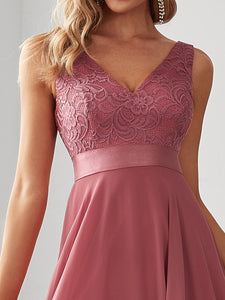 Color=Cameo Brown | Deep V Neck Asymmetrical Hem Sleeveless Wholesale Dresses-Cameo Brown 5