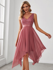 Color=Cameo Brown | Deep V Neck Asymmetrical Hem Sleeveless Wholesale Dresses-Cameo Brown 1