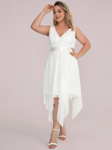 Color=Cream | Plus Size Deep V Neck Asymmetrical Hem Sleeveless Wholesale Dresses-Cream 6